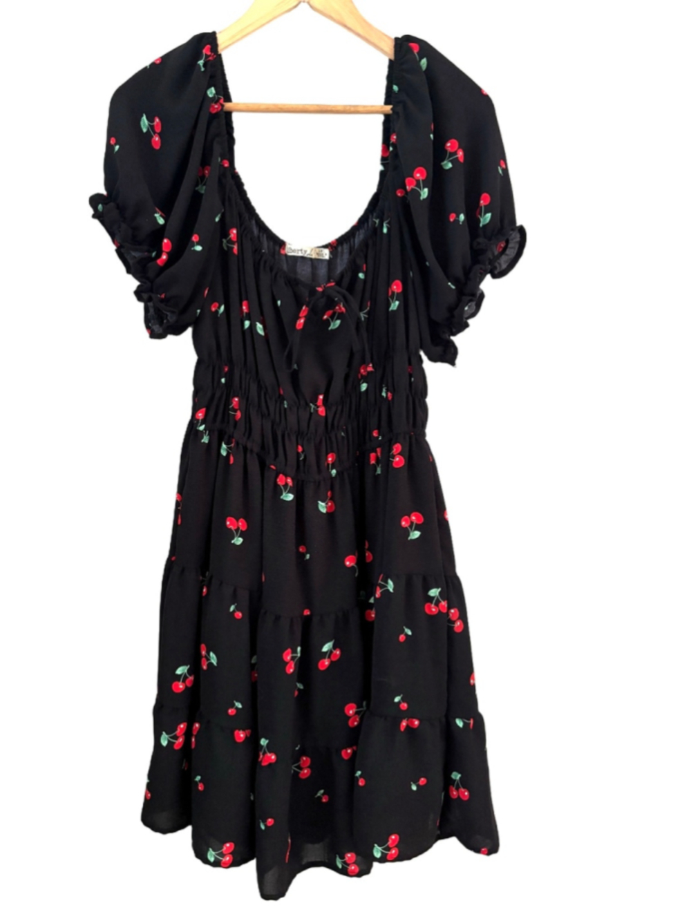 Liberty Love blk & red cherry prnt ruffle hem peasant drss 1X